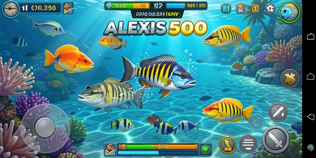 Screenshot gameplay ALEXIS500 menampilkan aksi menembak ikan yang seru dan mengasyikkan.