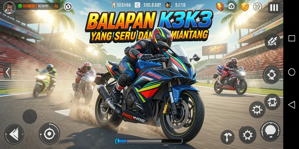 Screenshot K3K3 menampilkan aksi balapan motor yang seru.