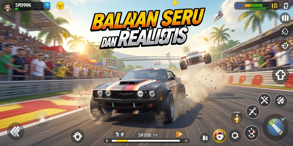 Screenshot gameplay SR996 menampilkan balapan mendebarkan di trek yang menantang.